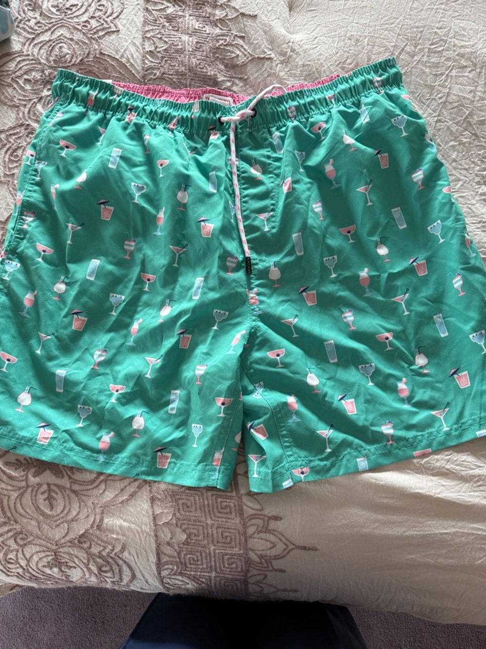 Turquoise Cocktail Print Swim Trunks
